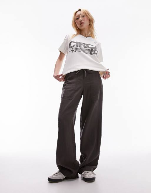 Topshop Petite - Pantalon droit taille basse en lin avec cordon à la taille - Anthracite