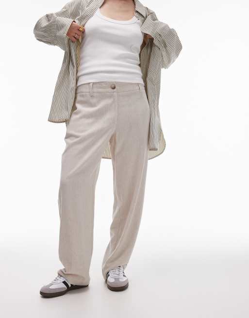 Topshop Petite - Pantaloni color neutro in lino con cavallo basso con bottoni