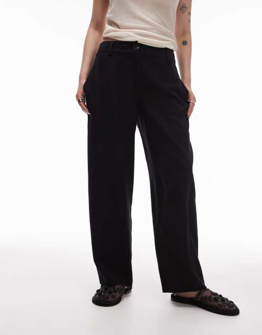 Topshop Petite - Pantaloni in lino neri con cavallo basso e bottoni