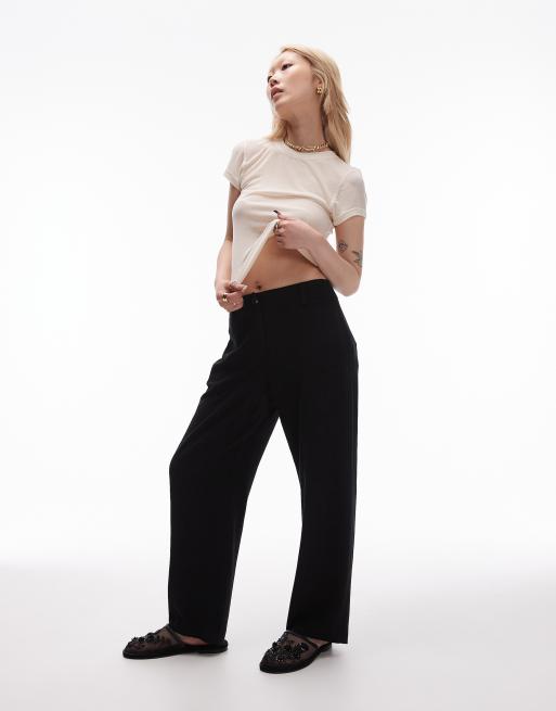 Topshop Petite - Pantaloni in lino neri con cavallo basso e bottoni, 2 di 5
