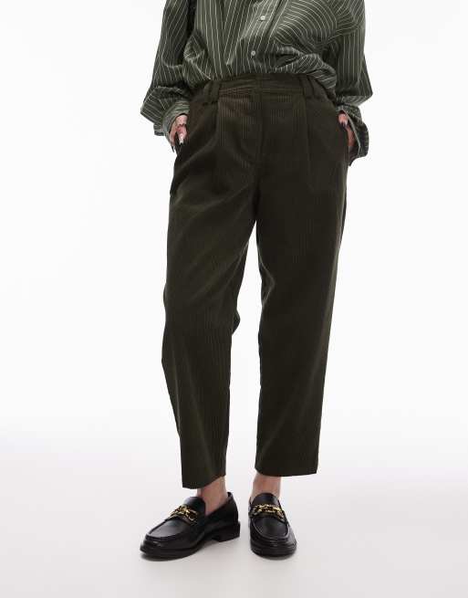 Topshop Petite - Pantaloni kaki in tessuto a coste con pinces, 4 di 5