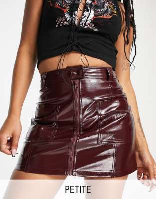 Topshop petite patent zip front pocket mini skirt in burgundy-Red