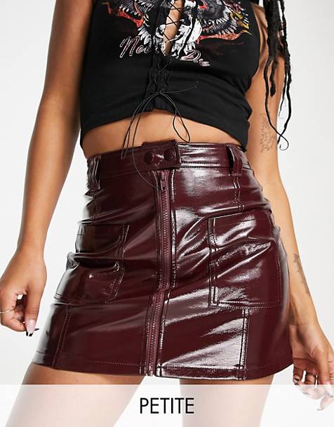Topshop Petite patent zip front pocket mini skirt in burgundy