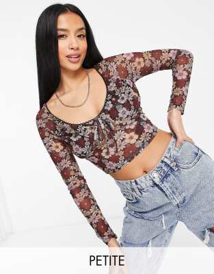 Petite Picot Trim Floral Top In Multi ModeSens