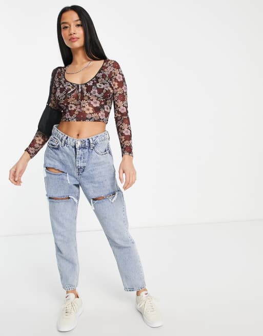 Topshop Petite picot trim floral top in multi | ASOS