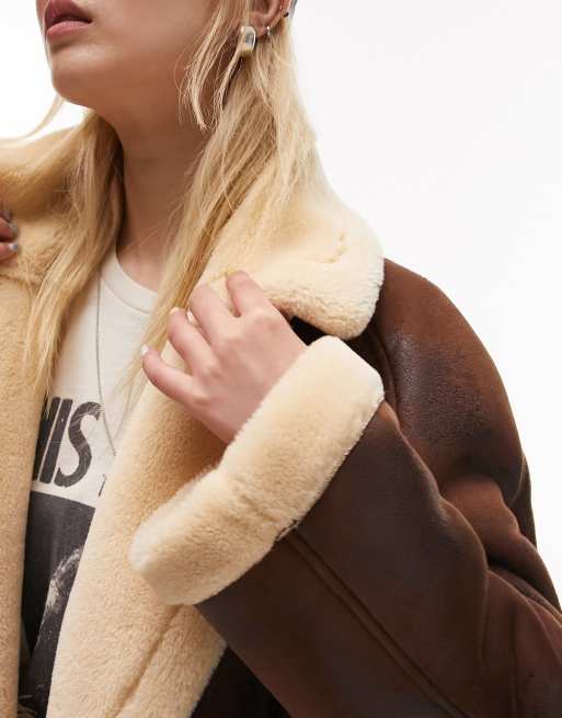 Topshop Petite - Pilotenjas met lange pasvorm in bruin, 3 van 4