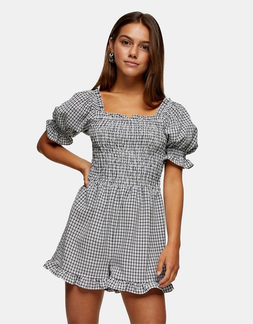 Topshop petite playsuit with puff sleeves in monochrone gingham