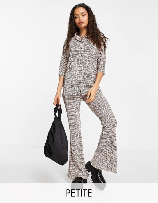 Topshop Petite plisse flared pants in check print