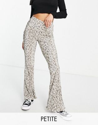 Topshop Petite plisse flared trouser in leopard print