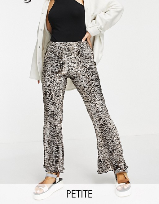 Topshop Petite plisse flared trousers in croc print