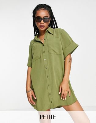Topshop Petite plisse mini shirt dress in green