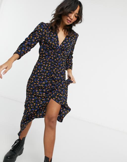 Topshop Petite plunge front midi dress in black print