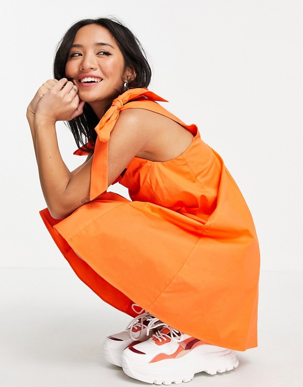 Topshop Petite – Pomarańczowa popelinowa sukienka mini na szelkach Pomarańczowy Najtańszy 