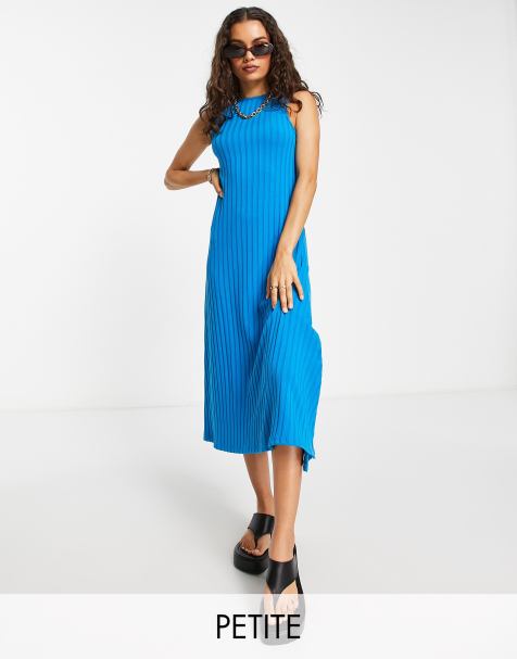 Topshop Petite – Premium – Blå bredribbad midiklänning i jersey - view 1