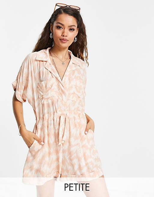 Topshop Petite printed gathered waist playsuit in peach