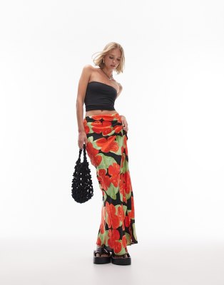 Topshop Petite Printed Side Split Maxi Skirt In Red