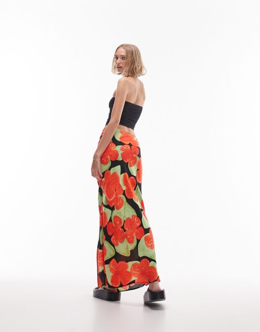 Topshop Petite printed side split maxi skirt in red