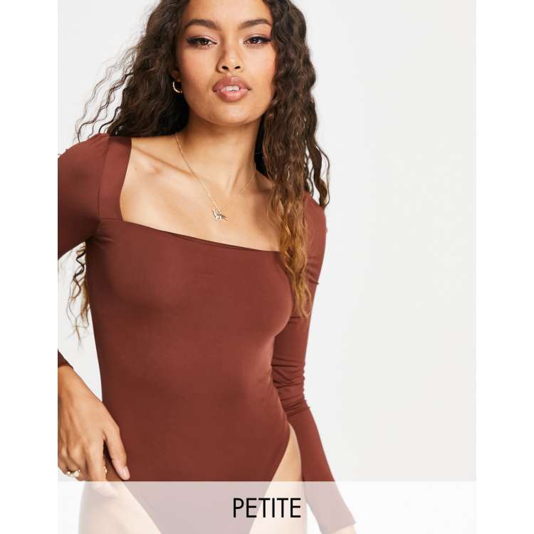 Topshop Petite puff sleeve bodysuit in chocolate