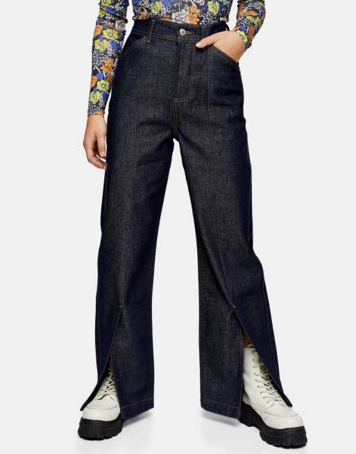 Topshop Petite - Rechte jeans met splits in de zoom in indigo met wassing