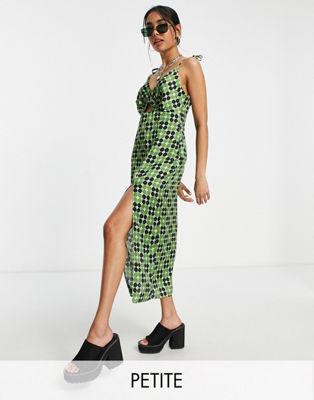 Topshop Petite geo floral cut out slip midi dress in green