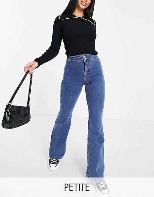 Women Topshop Petite recycled cotton flared joni jeans in mid blue 