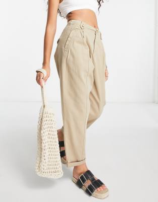 Topshop Petite relaxed peg pants with button tab detailing in stone