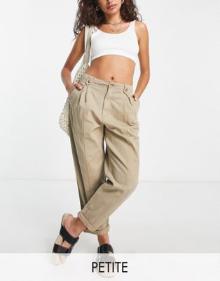 Topshop Petite relaxed peg trouser with button tab detailing in stone