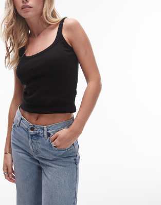 Topshop Petite Topshop Petite rib scoop neck skinny strap vest top in black
