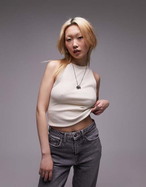 Topshop Petite rib slim singlet in stone