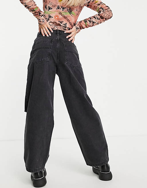 Women Topshop Petite ripped Baggy jeans in washed black 