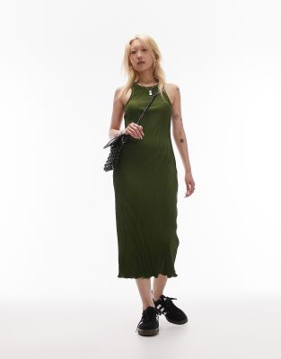 Topshop Petite plisse jersey midi dress in khaki - ASOS Price Checker