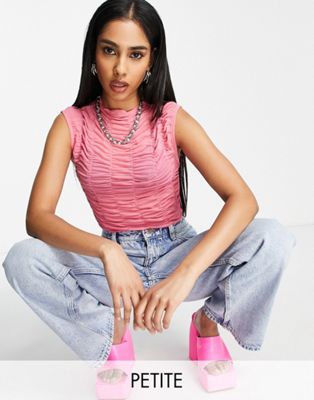 Topshop Petite ruched mesh vest in pink
