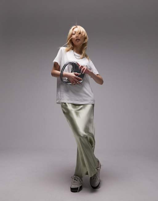 Topshop petite satin bias maxi skirt in icy sage