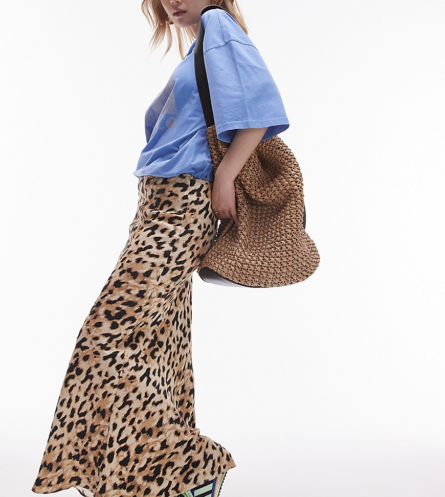 Topshop petite satin bias maxi skirt in leopard-Multi