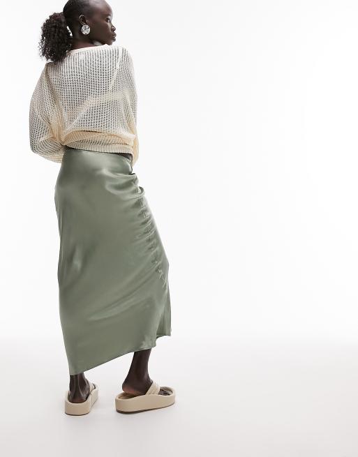 Topshop Petite satin bias maxi skirt in sage green ASOS