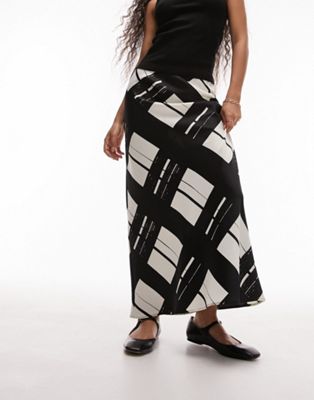 Topshop Petite Satin Bias Skirt With Printed Check In Mono-multi