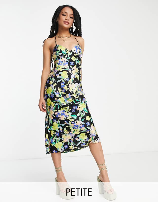 Topshop Petite satin floral cut out midi halter dress in multi