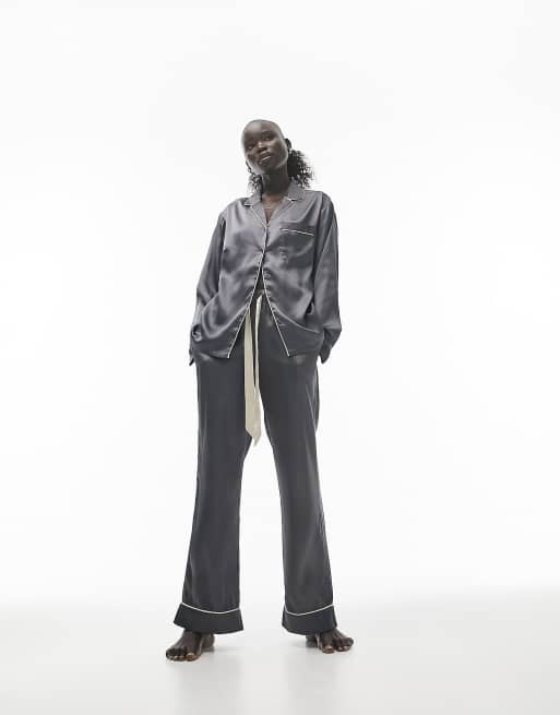 Topshop Petite satin piped pajama set in slate gray