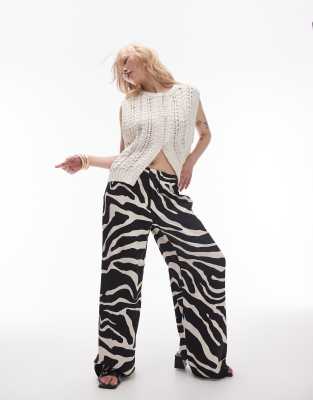 Topshop petite satin straight leg mono zebra print trouser in mono