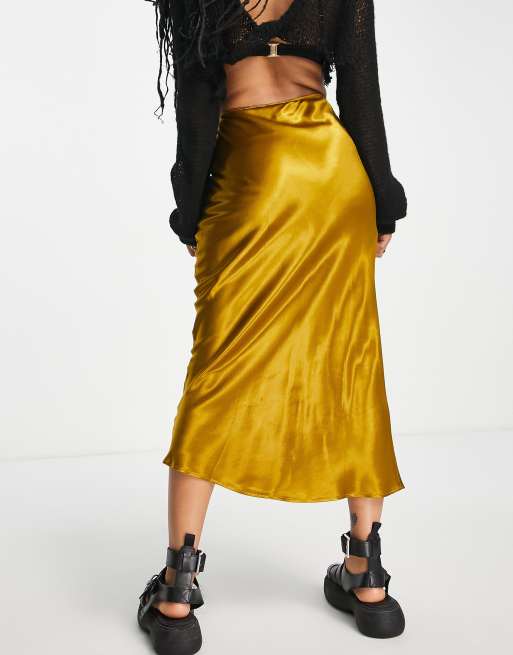 Topshop Petite - Schuingesneden midirok in mosterdgeel , 2 van 4