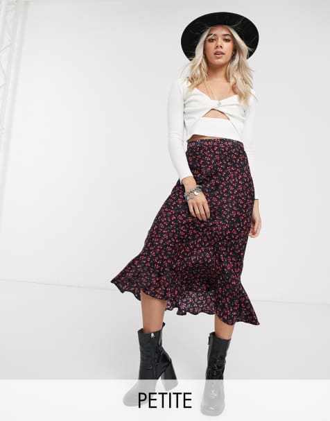 Topshop Petite – Schwarz geblümter Midirock