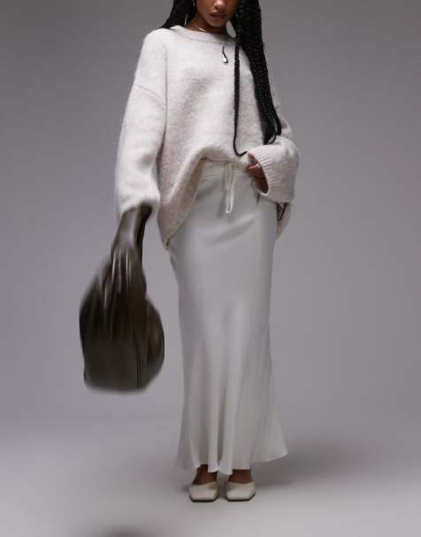 Topshop petite bias skirt with drawstring waist panel in ivory