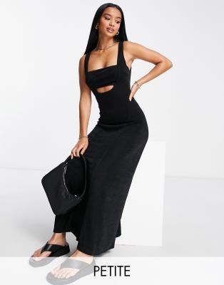 Topshop Petite Seamed Slinky Cut Out Bralette Midi Dress In Black