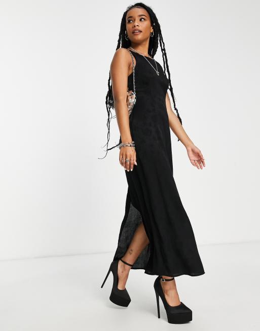 Topshop Petite shirred strap midi dress in black ASOS