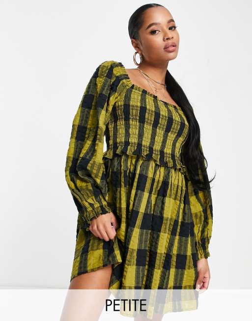 Topshop Petite shirring seersucker plaid puff sleeve mini dress in