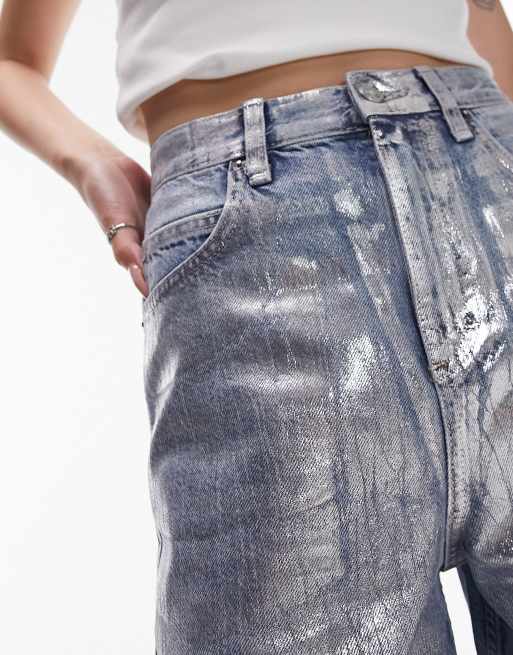 Mid Waist Silver Coated Denim Silver