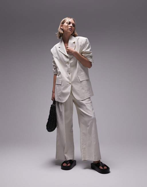 Topshop Petite - Single breasted blazer van linnenmix in lichtbeige, deel van co-ord set, 2 van 4