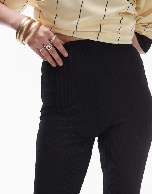 Topshop Petite skinny ribbed flared pants in black, 3 of 5