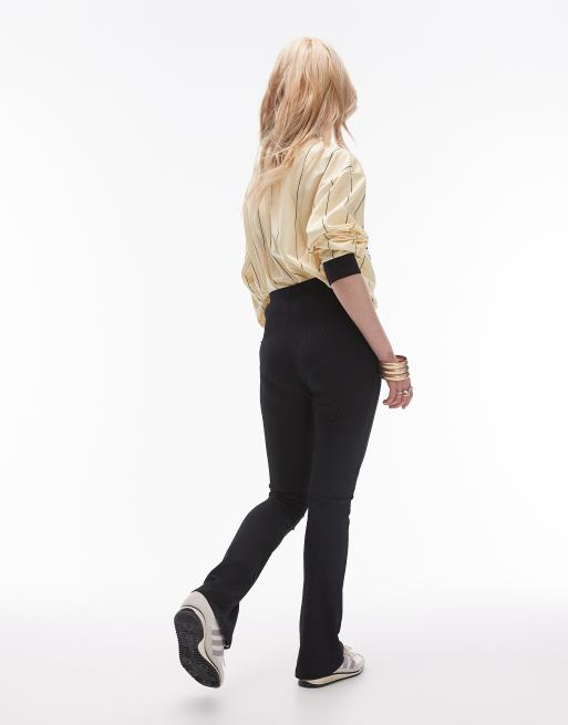 Topshop Petite skinny ribbed flared pants in black, 4 of 5