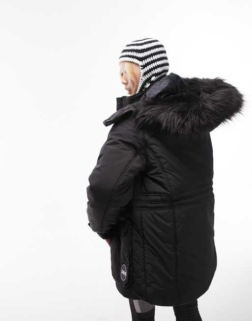 Topshop Sno ski parka coat with faux fur hood in black